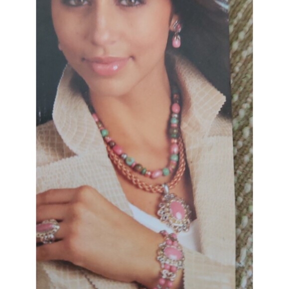 NEW ! VTG CAROLYN POLLACK STERLING SILVER RHODONITE BRASS PENDANT LEATHER BRAID - Picture 4 of 8